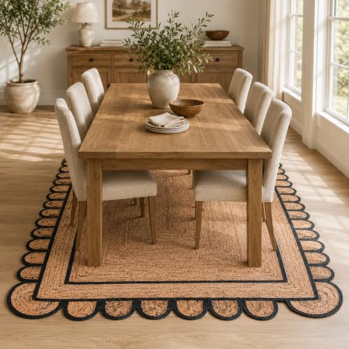 Braided Scalloped Jute Rug Natural with Black Trim, Handmade Farmhouse Boho Area Rug for Entryway, Kitchen, Hallway, Living Room, Bedroom, Rustic Woven Floor Rug - (Black- 6X9 ft) - size: 6' x 9' (Rectangular)