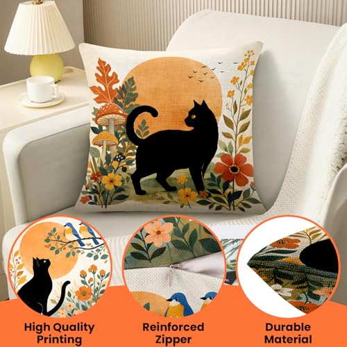 BVBOX Set of 4 Throw Pillow Covers 18"x18", Double-Sided Decorative Pillow Cases, Soft Flax/Short Plush Pillow Covers for Bed, Sofa, Couch, Living Room, Bedroom (Flax, Black Cat) - color: Black Cat