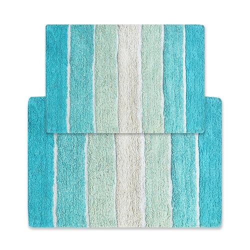 Chardin home Cordural Stripes Bath Mat, Set of 2 Bath Rugs (17 Inches x24 Inches & 21 Inches x34 Inches) | Non Slip Bathroom Rug, Machine Washable, Plush, Highly Absorbent | Aqua Turquoise Ombre - color: Aqua Turquoise