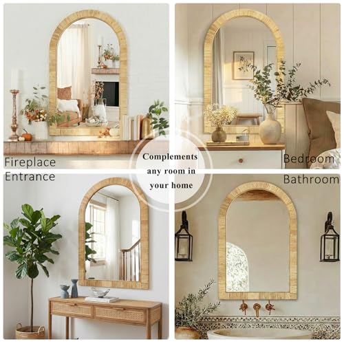 24x36 inch Rattan Arched Mirror for Wall, Bohemia Bathroom/Farmhouse Boho Mirrors, Vanity Irragular Decorative Arched Mirror, Suitable for, Bedroom, Living Room, Home Decoration - color: Arched 36*24