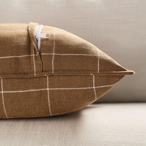 Farmhouse Dark Brown Plaid Throw Pillow Covers 20x20 Set of 2, Brown Boho Decor 20 x 20 Check Pillow Covers, Modern Farmhouse Tan Plaid Room Decor Cushion Covers for Home Sofa (No Pillow Insert) - color: Brown Plaid Set of 2, size: 20" x 20" (Pack of 2)