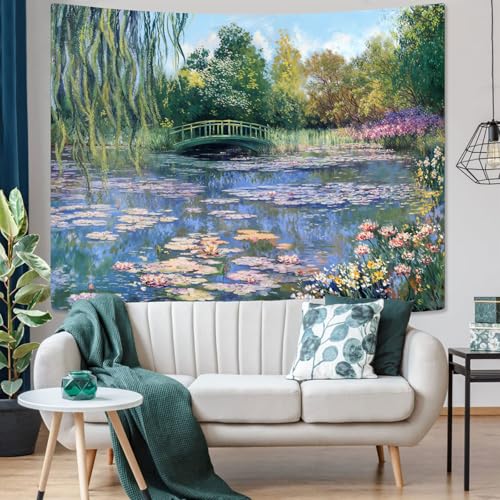 Accnicc Monet Water Lilies Tapestry Green Floral Plant Tapestries Aesthetic Monet Wall Art Posters Nature Flower Garden Landscape Small Tapestrys for Bedroom Living Room Dorm 60 x 44 Inch - color: Green Pink, size: 60"L x 44"W