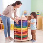 Mobile Floor Cushion Storage Cart for 15 Inch Round Sit Mats, Solid Wood Organizer with Smooth Rolling Casters, Classroom Flexible Seating Tidy Trolley for Daycare Preschool Home