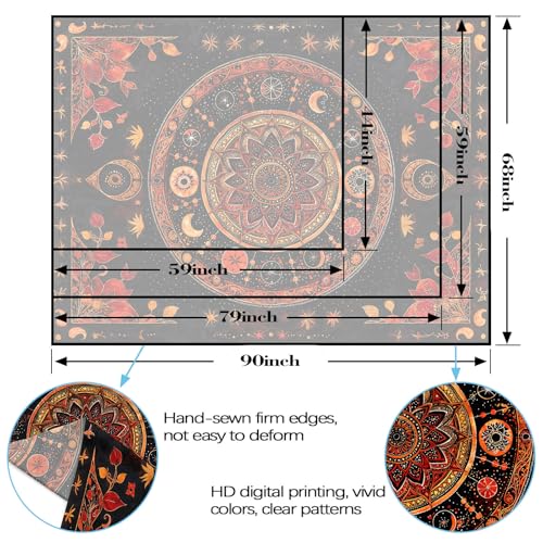Lunerfex Mandala Moon and Stars Tapestry Boho Tapestry for Bedroom Black and Orange Tapestries Wall Hanging Living Room Wall Art and Home Decor 60x80 - color: Red, size: 80"L x 60"W