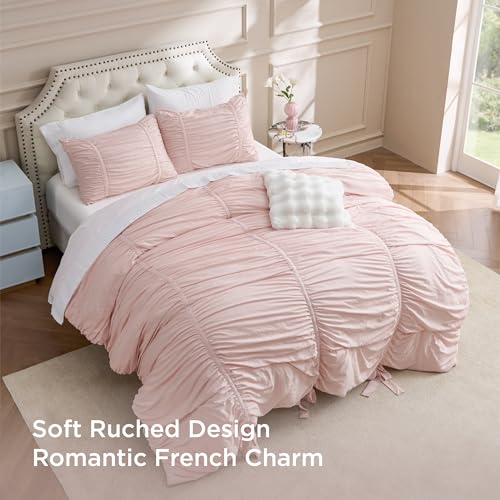 Bedsure Ruched Comforter Set with Bow Trim Pink, GentleSoft™ 3 Pieces Bow Bedding Pink Room Decor, Queen Boho Bedding for Girls Teens Women, 1 Bed Comforter, 2 Pillow Shams, 90x90 Inches - color: 05 - Bow Trim Crystal Pink, size: Queen (90" x 90")