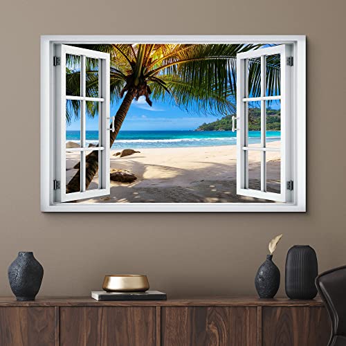 wall26 Canvas Print Wall Art Window View Tropical Island Beach Vacation Paradise Wilderness Nature Photography Realism Scenic Landscape Colorful Multicolor for Living Room, Bedroom, Office - 12"x18" - color: A40-2204-est01, size: 18"L x 12"W