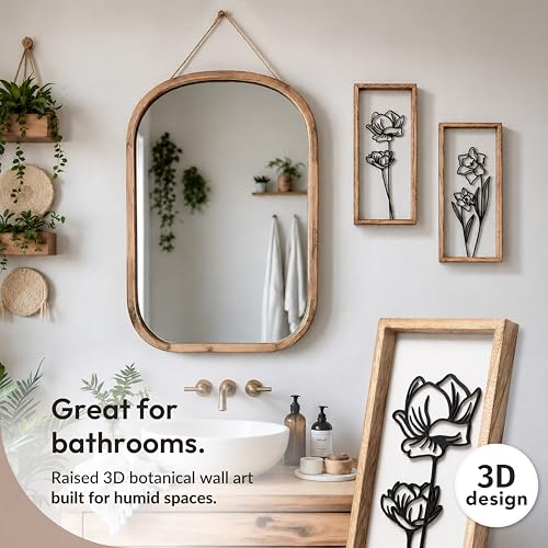 3D Black and White Wall Art (Set of 2) Lightweight, Wooden Ready-to-Hang Framed Floral Wall Art for Bathroom, Bedroom, Living Room or Office – Boho Botanical Farmhouse Decor – Gift-Boxed - color: White, size: 7" x 16"