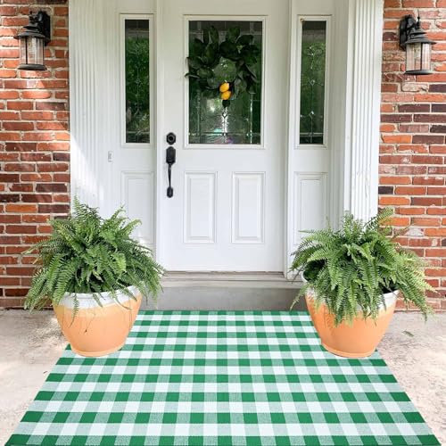CAINANEL Buffalo Plaid Outdoor Rug Green and White Spring Door Mat Layering Rug Welcome Doormats for Spring Easter Farmhouse Entrance Porch Outdoors Decor - color: Green and White, size: 3' x 5' (Rectangular)