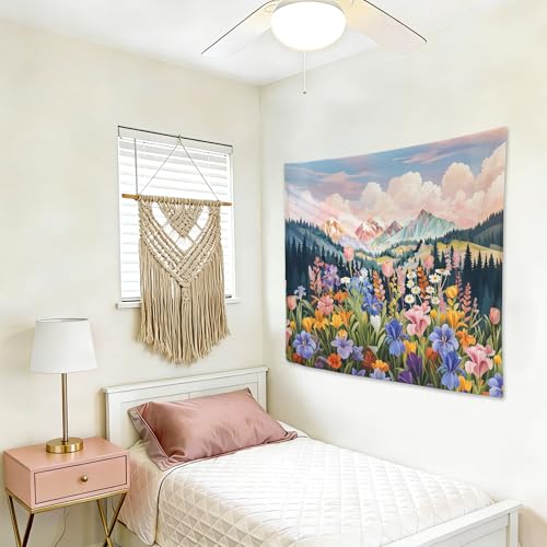 gsgfdshf Colorful Wildflower Mountain Wall Tapestry, Spring Floral Forest Nature Landscape Aesthetic Tapestry Wall Hanging for Bedroom Living Room Home Decor, 50x60 Inch - color: Landscape Text-Tapestry-I