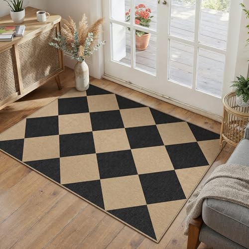 PureCozy 2x3 Checkered Easy Jute Kitchen Front Doormat Non Slip Washable Neutral Area Rug Diamond Non Shedding Low Pile Black Checkerboard Floor Carpet for Farmhouse Entryway Porch Doorway - color: Black|checkerboard-1, size: 2' x 3' (Rectangular)