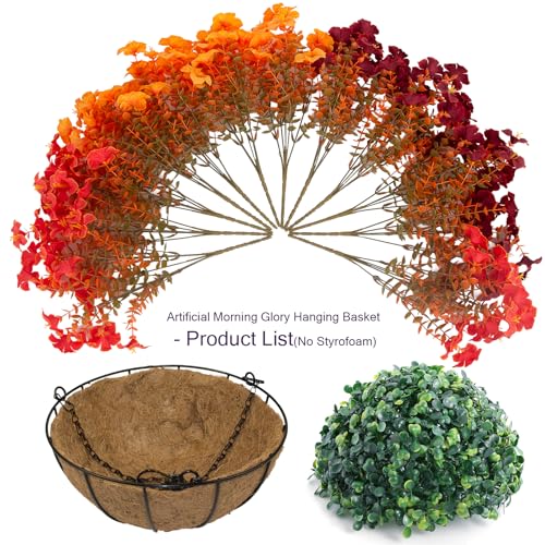 Daynight 2Set Artificial Outdoor Fall Flowers with Hanging Baskets,24Pcs Faux Petunias Flowers with Hanging Planter for Indoor Porch Yard Garden Autumn Decor (2, Orange) - color: Orange