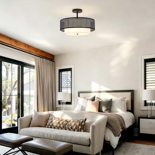 16" Black Rattan Ceiling Light - Bohemian Handwoven Double Drum Pendant, Semi-Flush Mount Light Fixture for Living Room, Bedroom, Dining Room & Kitchen - color: 16'' Rattan&Hemp rope Black