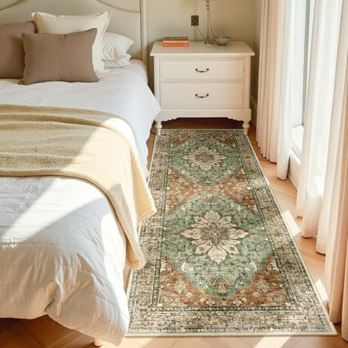 RELEANY Area Rugs Runner 2'x6' Washable Non-Slip, Floral Vintage Distress Medallion Carpet for Kitchen Hallway Bedroom Beside Laundry Room Bathroom, Terracotta Burnt Orange Green - color: Brick/Brown/Green, size: 2' X 6' (Runner)