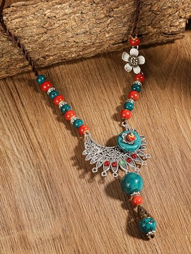 MINACHI Vintage Bohemian Colorful Ceramic Bead Antique Flower Y Necklace, Vintage Boho Hippie Statement Jewelry Gift for Women - color: S02A