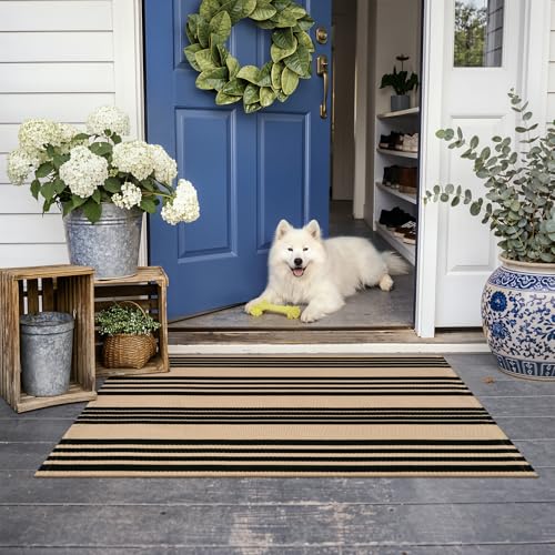 KIMODE Front Door Mats 24"x35", Striped Layered Door Mats Outdoor, Washable Farmhouse Outdoor Porch Decor, Cotton Hand Woven Rugs for Entryway Kitchen Black and Khaki - color: Black and Khaki Stripes, size: 2' x 3' (Rectangular)