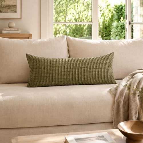 JoraLion 14x36 Boho Decorative Lumbar Throw Pillow Cover, Olive Green Cozy Soft Striped Corduroy Long Rectangle Cushion Case Accent Home Decor for Sofa Bed Room Livingroom, ONLY Cover - color: Olive Green, size: 36" x 14" (Pack of 1)
