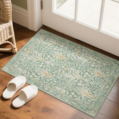 Vintage Floral Entryway Rug 2X3 Rugs,Soft Non-Slip Machine Doormat for Entrance,Stain Resistant Small Area Rug for Bedroom, Kitchen, Laundry, Bathroom - color: Green, size: 2' x 3' (Rectangular)