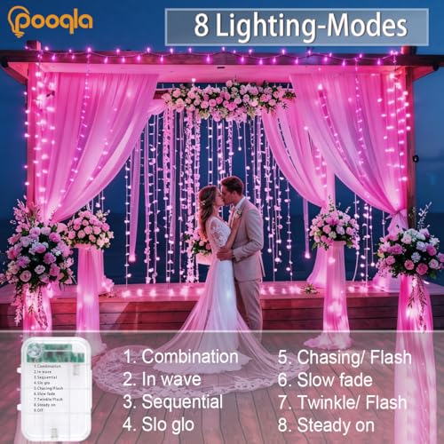 Pooqla 2 Pack String Lights Battery Operated, Total 66.6ft 200 LED Fairy Lights Indoor Outdoor Decorations, 8 Modes Pink Battery Lights for Wedding Valentine's Day Bedroom Porch Party Yard Decor - color: Pink, size: 100 LED x2