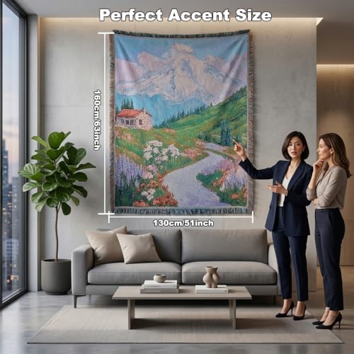 Mountain Woven Throw Blanket,Jacquard Tapestry with Fringe,51x63 Inch | Meagtlva Cotton Blend Wall Hanging Decor for Living Room,Sofa,Bed Decor for Living Room,Sofa,Bed - color: Mountain Wildflower Cottage