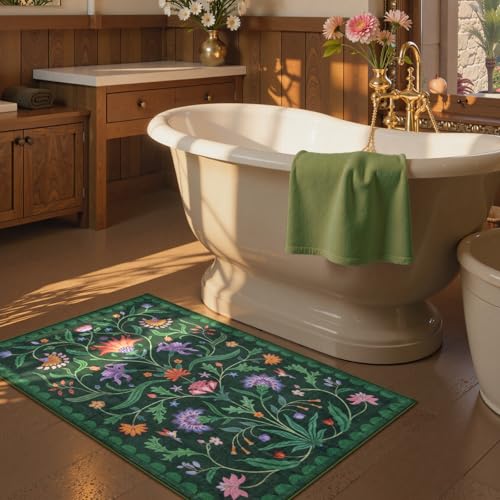 Lahome Boho Floral 2x3 Green Kitchen Rugs for Entryway, Washable Door Mat Indoor Entrance, Small Soft Non-Slip Indoor Carpet Throw Rugs for Bathroom Laundry(Forest Green,2x3) - color: Forest Green, size: 2' x 3' (Rectangular)