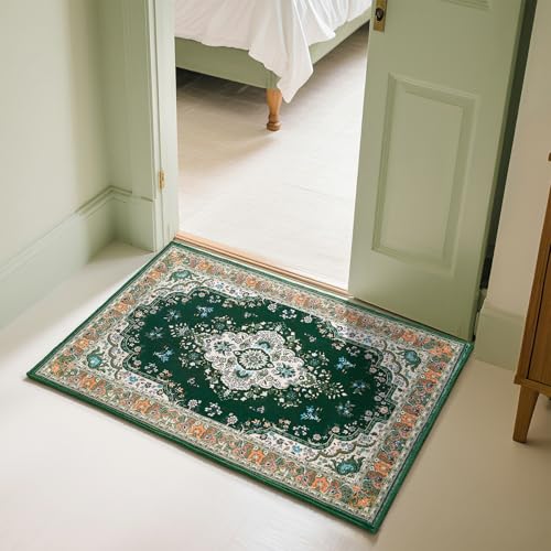 HOMORE 2x3 Area Rug Small Green Rugs for Bedroom, Washable Rug for Entryway, Faux Wool Non Slip Low Pile Indoor Door Mat for Entrance Small Kitchen Rugs Vintage Floral Rug for Living Room Dorm Decor - color: Deep Green, size: 2' x 3' (Rectangular)