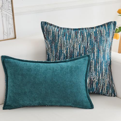 Premium Series Fringe Boho Throw Pillow Cover, Linen Woven Luxury Thick Cushion Case with Tassels for Home Décor, Teal, 18x18 Inch - color: Teal, size: 18" x 18" (Pack of 1)