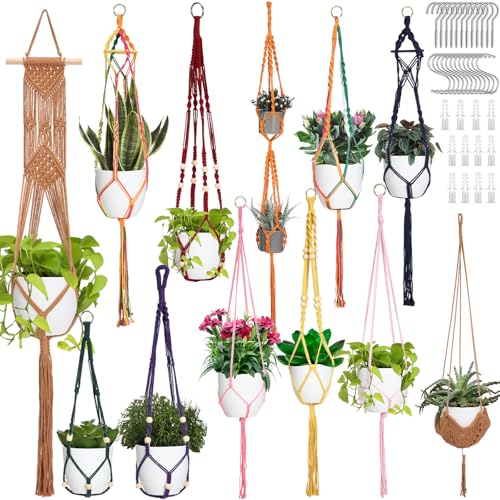 Hoteam 12 Pcs Macrame Plant Hangers Macrame Hanging Planters for Indoor Plants Handmade Boho Hanging Baskets Flower Pots Holder for Outdoor Home Wall Decor - color: Multicolor