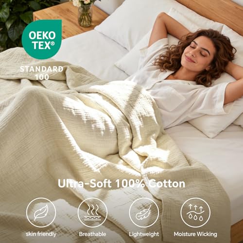 BEDELITE 100% Cotton Muslin Blankets for Adults - 4-Layer Large Throw Breathable and Lightweight Gauze Blanket for Couch, Bed, Travel and Summer, Soft & Cozy Gift for Women, Beige, 50"x70" - color: Beige, size: Throw XL(50"x70")