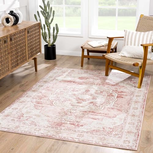 BoutiqueRugs Pink Oriental Traditional Cream 5x7 Area Rug Plum Beige Floral Medallion Kandos Living Room Bedroom Dining Room Home Office Apartment 5'3" x 7' Stain Resistant Non-Shedding Pet Friendly - color: Cream/Pink/Plum, size: 5'3" x 6'11" (Rectangula
