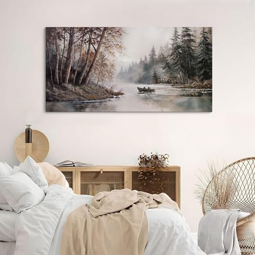 HGUAOA Mountain Canvas Wall Art Rustic Lake Landscape - Nature & Forest Scenery Paintings Pictures for Living Room & Bedroom Wall Decor Vintage Artwork for Walls - color: Rustic, size: 48"L x 24"W