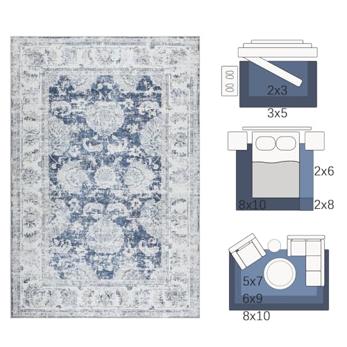 jinchan Fiora Floral 2x3 Rug for Entryway - Vintage Washable Area Rug Ultra-Thin Low Pile Soft Small Non Slip Distressed Indoor Door mat Accent for Entrance Kitchen Bathroom Bedroom (2x3ft, Dark Blue) - color: Distressed Dark Blue, size: 2' x 3' (Buttery
