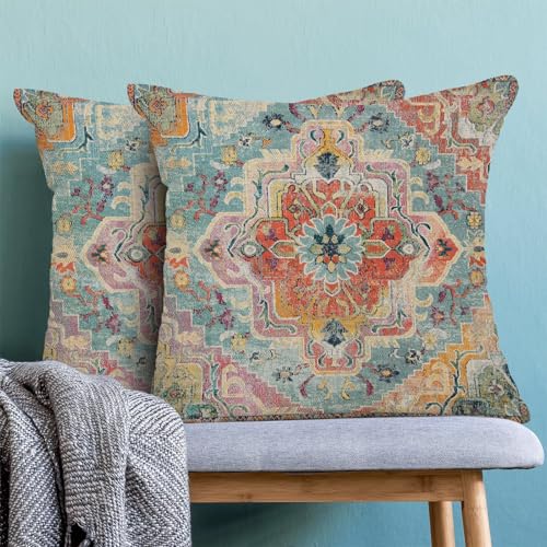 Boho Pillow Covers 16x16 Inch Set of 2, Bohemian Carpet Vintage Pattern Decorative Throw Pillowcase Boho Colourful Retro Linen Outdoor Farmhouse Cushion Cover for Sofa Couch Bed Living Room - color: Boho25, size: 16" x 16" (Pack of 2)