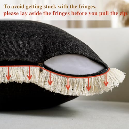 Boho Pillow Covers 18x18 Inch Faux Linen Couch Pillow Covers with Fringe Farmhouse Rustic Decorative Pillows Case Black Square Cushion Covers for Sofa Bedroom Living Room Home Decor Set of 2 - color: Black, size: 18" x 18" (Pack of 2)