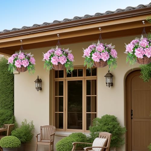 Ammyoo Artificial Flowers in Hanging Basket Planter for Home Spring Summer Decoration, Silk Hydrangea Outdoor Indoor Arrangements, 12" Metal Coconut Lining Basket with Faux Plant(Pink) - color: Z-pink With Basket