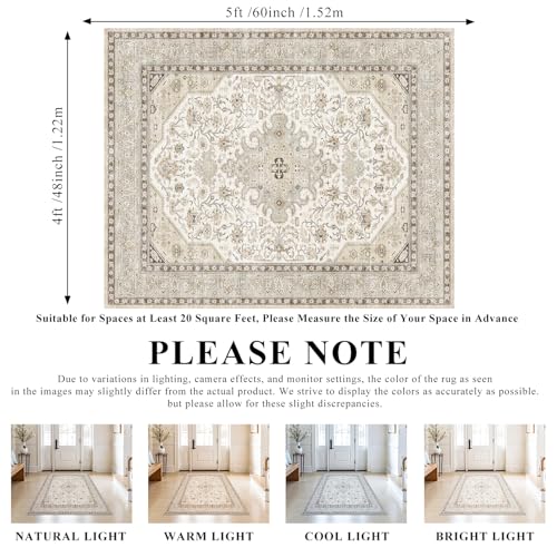 HILORUUG 4x5 Rug Entryway Washable: Non-Slip Oriental Area Rug for Bathroom Kitchen- Farmhouse Low Pile Stain Resistant Carpet Long Thin Front Door Mat (4x5 Ivory/Grey/Multi) - color: Ivory, size: 4' x 5' (Rectangular)