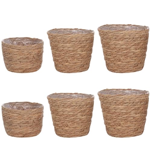 6 Pcs Plant Baskets Indoor with Plastic Liners, Wicker Hand Woven Plant Baskets, Flower Pots Storage Containers in 3 Sizes, Decorative Planters for Home, Balcony, Office