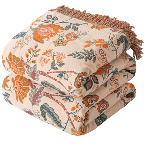 Bailix Boho Throw Blanket for Couch Sofa Bed, 100% Cotton Woven Quilt with Tassel 50”x60”, Super Soft Muslin Blanket with Floral Printed, Decorative Reversible Bed Blanket/Cover for All Seasons - color: B - Boho Floral, size: Throw-50" X 60"