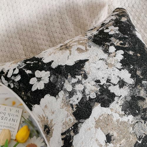 Vintage Floral Throw Pillow Covers 20x20 Set of 2 Neutral Boho Farmhouse Soft Chenille Jacquard Decorative Couch Pillow Covers for Sofa Couch Bed Living Room Home Décor Beige Black - color: Beige Black, size: 20" x 20" (Pack of 2)