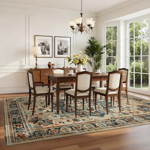 Joydeco 5x7 Area Rugs for Living Room, Non Slip Machine Washable Vintage Rug, Low Pile Chenille Print Rugs for Bedroom, Dining Room, Home Office, Pet & Child Friendly, Beige & Blue & Reddish-Brown - color: Beige&blue&reddish-brown, size: 5' x 7' (Rectangu