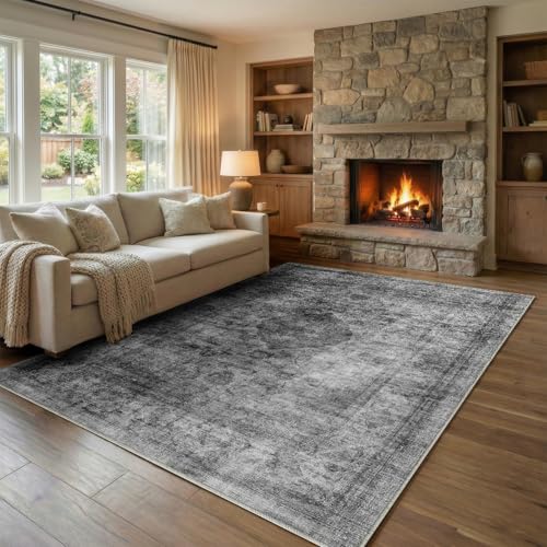 Homemate Washable Rug 5x7 Area Rugs - Vintage Faux Wool Rugs for Living Room Bedroom Dining Room - Non Slip Foldable Carpet Indoor Area Rug for Home Decor（5'x7', Black - color: Black, size: 5x7 ft