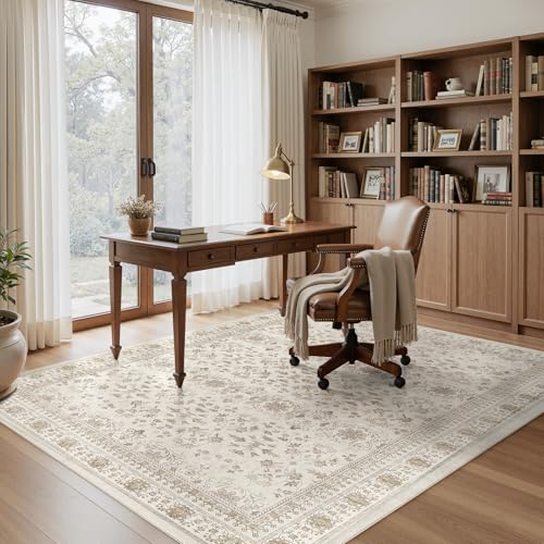WITSHOCK 5x7 Area Rugs for Living Room - Washable Vintage Rug Retro Antique Dark Large Non Slip Low Pile Soft Indoor Floor Carpet for Bedroom Dining Room Home Decor, Beige - color: Beige/Antique Brown, size: 5' x 7' (Rectangular)
