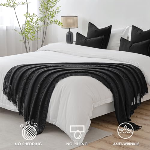 MIULEE Black Knitted Throw Blanket for Couch Textured Knit Blanket with Tassels Cozy Woven Boho Bed Blanket for Sofa Bed Chair Acrylic Wave Pattern 50"x60" - color: Black, size: 50" x 60"