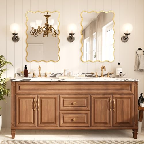 Kelly Miller 24x36 Inch Gold Scalloped Mirror, Large Rectangular Wavy Edge Bathroom Vanity Wall Mirror Decorative for Bedroom Living Room Entryway Fireplace Mantle - size: 36"L x 24"W