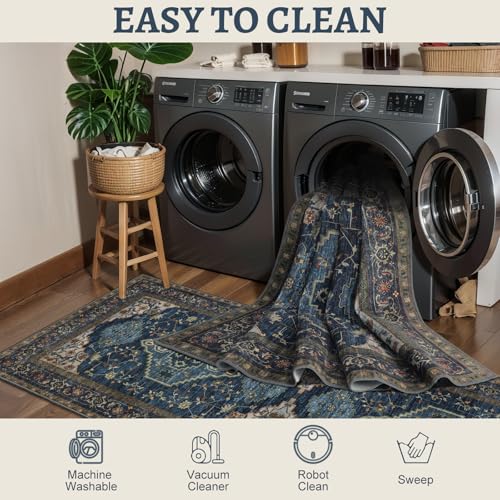 Tangsoo Dark Blue 2x3 Washable Rugs for Entryway, Vintage Non Slip Small Area Rug Carpet, Oriental Indoor Front Door Rug, Door Mat Indoor Entrance Soft Low Pile Throw Rugs for Entry Kitchen Bedroom - color: Dark Blue/Golden, size: 2' X 3' (Rectangular)