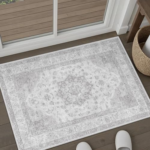 PureCozy Grey Gray Area Rug 2x3 Washable Vintage Small Carpet for Entryway Kitchen Soft Retro Low Pile Thin Door Mat Non Slip Oriental Medallion Throw Rug for Bathroom Office Bedroom Dining Room - color: Grey, size: 2' x 3' (Rectangular)
