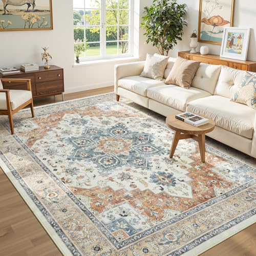 9x12 Rug for Living Room - Large Vintage Farmhouse Eclectic Medallion Carpet, Washable Low Pile Non-Slip Area Rug for Dining Under Table, Bedroom Under Bed,Office, Neutra Beige and Orange - color: Beige Orange, size: 9' x 12' (Rectangular)