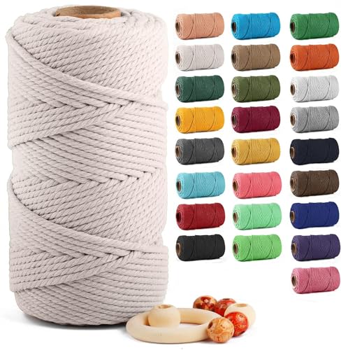 Macrame Cotton Cord 5mm x 109yds, ZUEXT Natural Handmade Beige White Braided Cords 4 Strands Knitted Rope String for Craft Wall Hanging Weaving Tapestry Dream Catchers Hanger DIY Gift (100m) - color: Beige White, style: 5mm x 100m