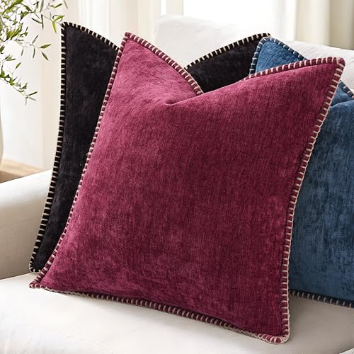 decorUhome Fall Chenille Soft Cozy Throw Pillow Covers 16x16 Set of 2, Modern Farmhouse Boho Velvet Decorative Pillow Cases with Stitched Edge for Couch Sofa Bed Home Decor, Black - color: Black, size: 16" x 16" (Pack of 2)