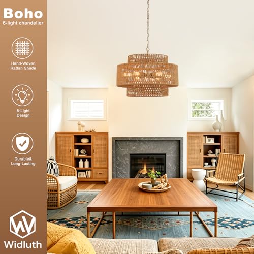 23.6" Gold Rattan Chandelier, 6-Light Hand-Woven Wicker Drum Chandelier, 3-Tier Boho Farmhouse Light Fixture for Dining Room,Kitchen Island,Living Room,Bedroom - color: gold 23.6"