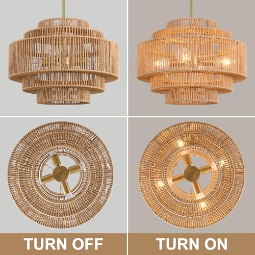 20" Boho Rattan Chandelier Light Fixture,5-Light Hand Woven Wicker Pendant Light Fixture Farmhouse Rustic Hanging Ceiling Light for Kitchen Island Bedroom, Dining Room, Living Room, Entryway - style: Boho-Round-20in